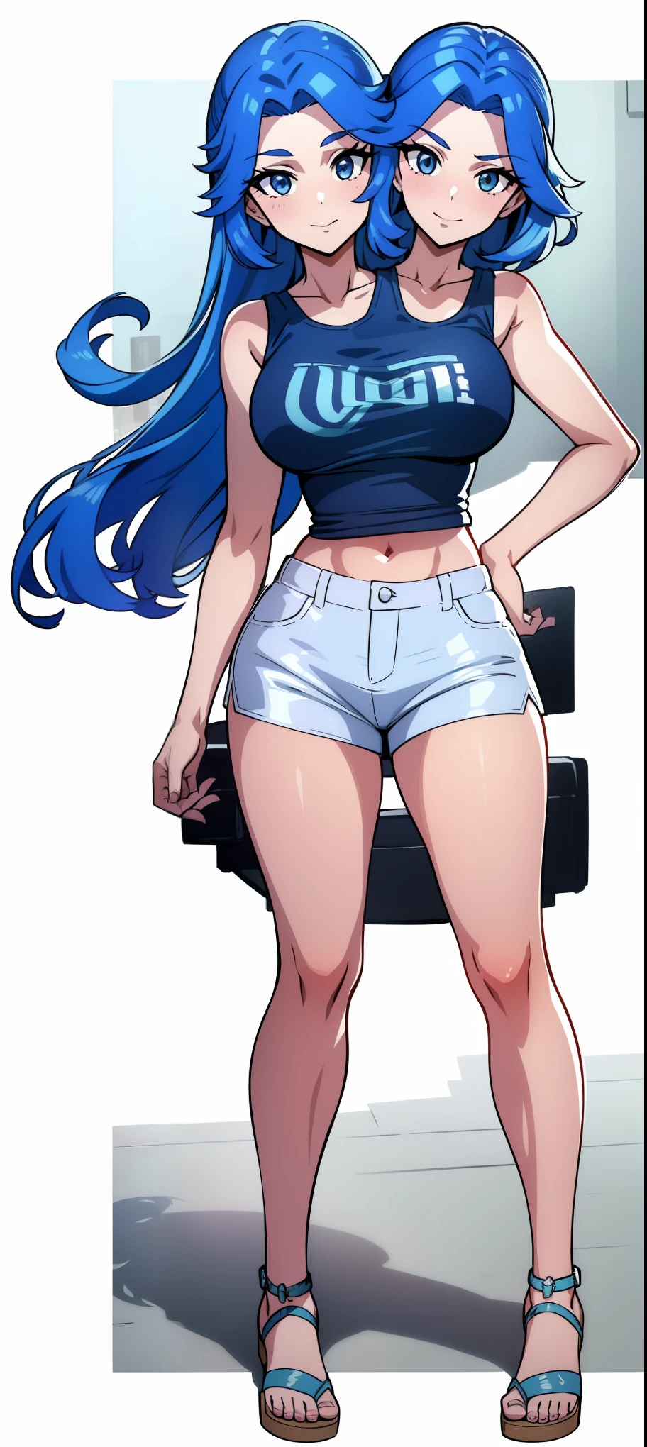 (masterpiece),(ultra-detailed), (high quality), (high resolution), (best quality:1.5, highres, UHD), highres, absurdo, ultra detail, ultra quality, ((2heads:1.5)), 1girl, Ultra resolution, 16k, best quality, 1girl, ((blue hair)), long hair, ((light blue eyes)), ((blue sleeveless t shirt)), ((5 foot girl)), girl, midriff, ((white shorts)), gentle smile, blushing, ((detailed eyes)), tall woman, ((full body)), sandals, ((single piece outfit))