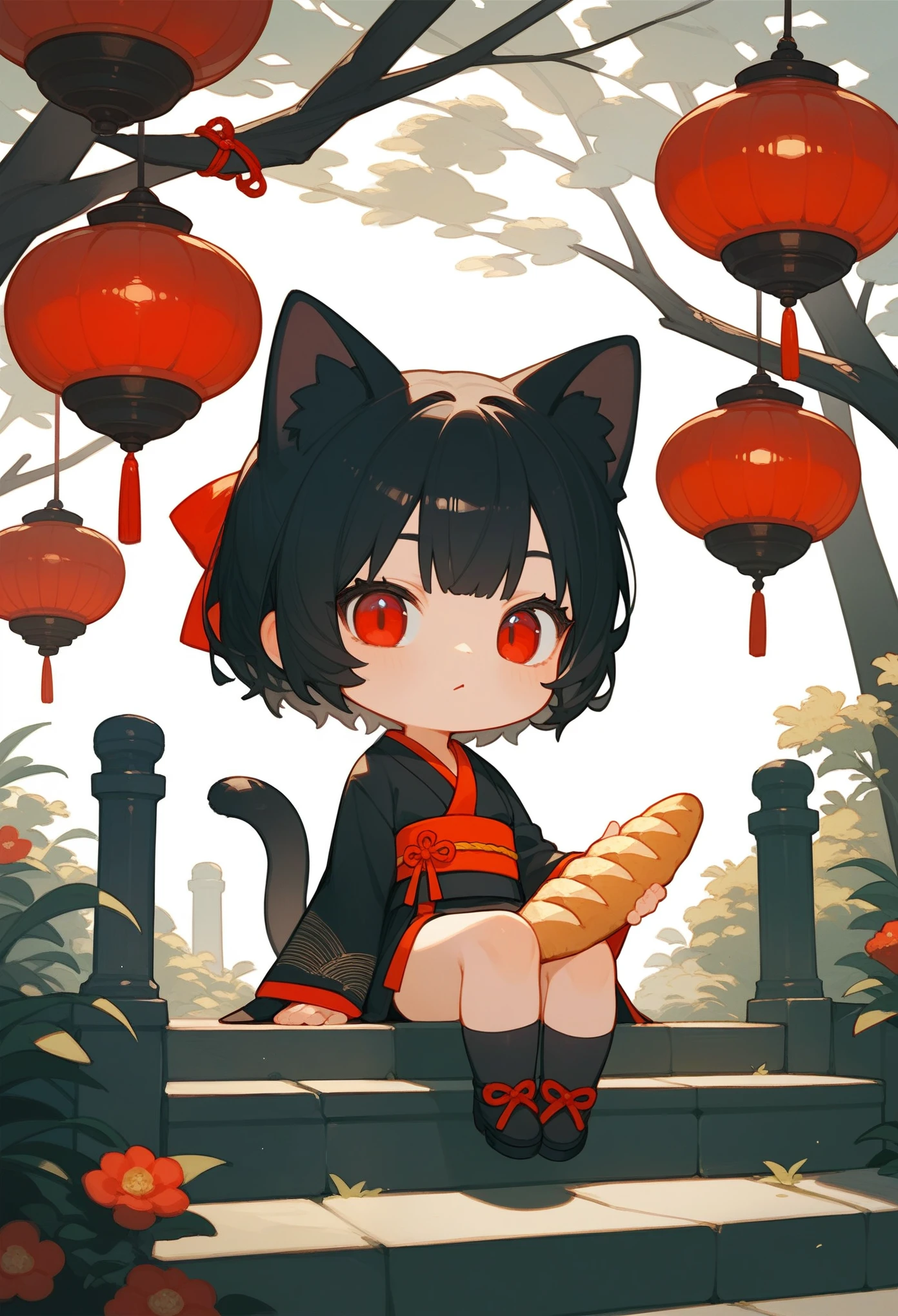 score_9, score_8_up, score_7_up, score_6_up, score_5_up, score_4_up, source_anime, (anime), chibi style, 2D artwork, 1black cat, black hair, red eyes, cat eyes, red ribbon, kimono, (holding a baguette), sitting on stone steps, stone lamp, simple background, simplification 