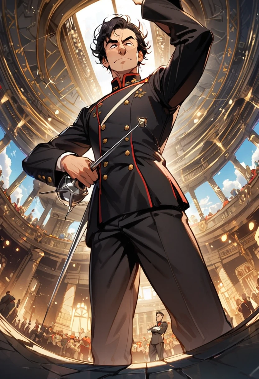 1man, tall man, lean man, black hair, short hair, rapier, russian nose, messy hair conductor's outfit, nice pose, fisheye, epic, higher details