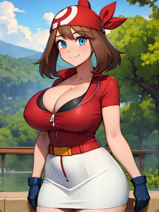 Perfect CG unity 8K UHD wallpaper, Perfect CG unity 8K UHD wallpaper, (masterpiece, best quality:1.2), cowboy shot, zzMay, solo, brown hair, blue eyes, medium hair,perfect,red shirt, bike shorts, red bandana, red shirt, gloves, white skirt, yellow fanny pack ,outdoors, large breasts, zipped up shirt, smile, cleavage, skindentation, collarbone, bursting breasts, big ass