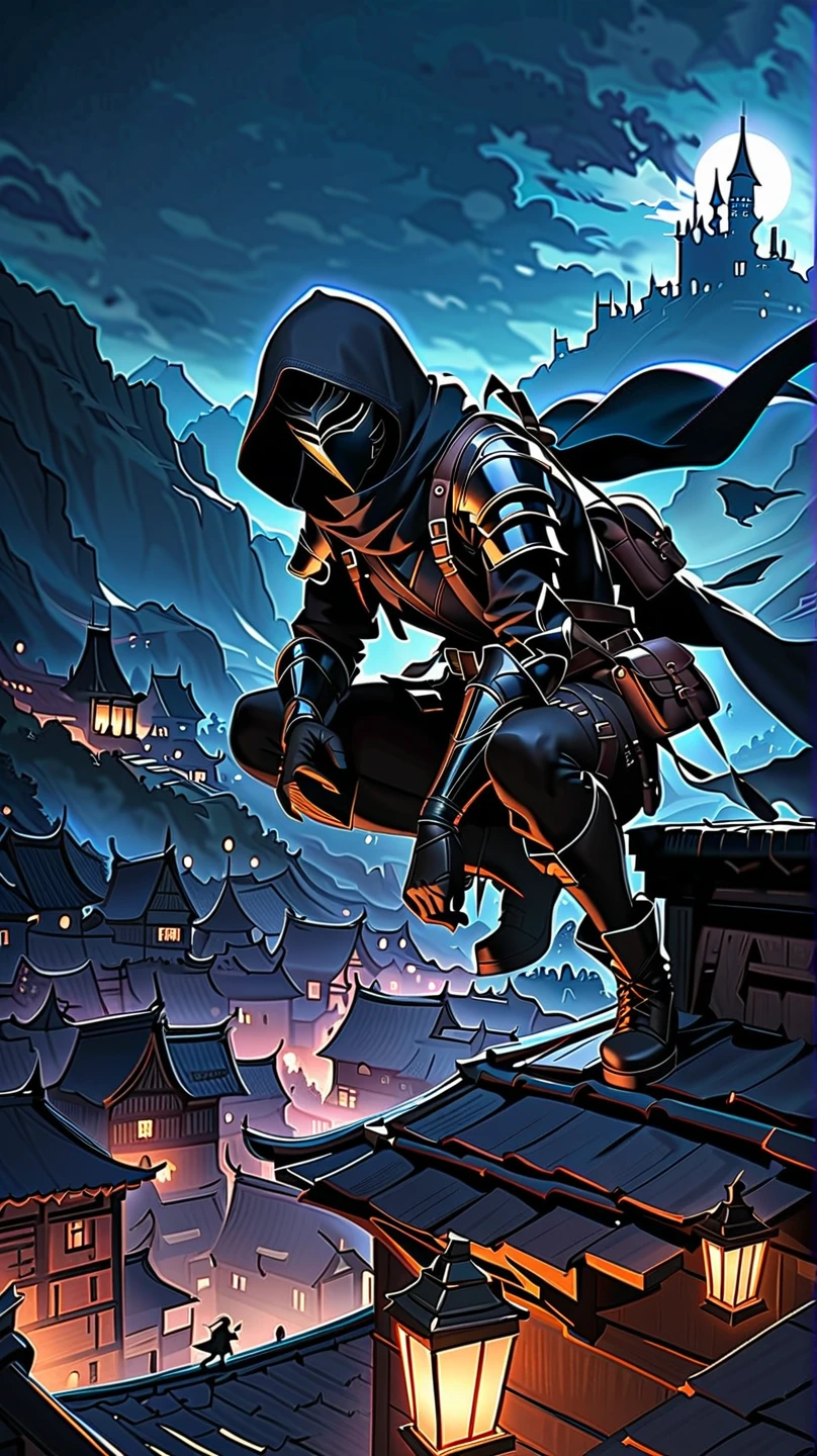 1 , A ninja in leather armor ,tights, Wearing a hood.scarf,Masked,Leather gloves.Boots. Waist bag.Small backpack.Middle Ages in the dark night,Floating Black Blue Lantern,Hand Rope ,Middle Ages in the dark night村莊夜色(landscape、On the roof:1.3),squatting on the roof,bend over, ,  crouching on one knee , , shadow, .Full body picture, , , ,  Cool Poses , .Full body picture,