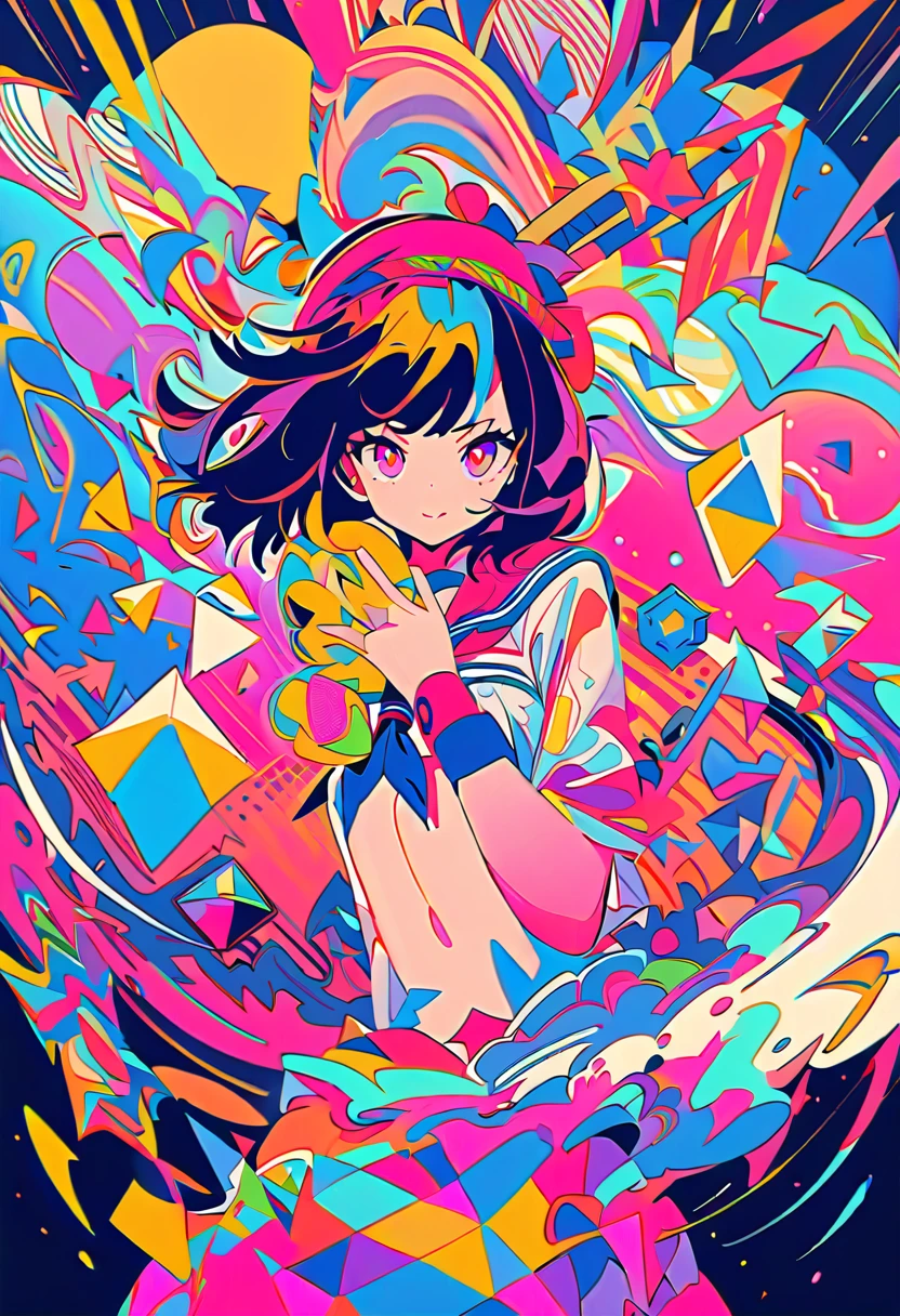 (ultra detailed,ultra high res,detailed background),((2D)),((flat color)),((colorful)),((floating colorful water)),1girl,solo,looking at viewer,BREAK