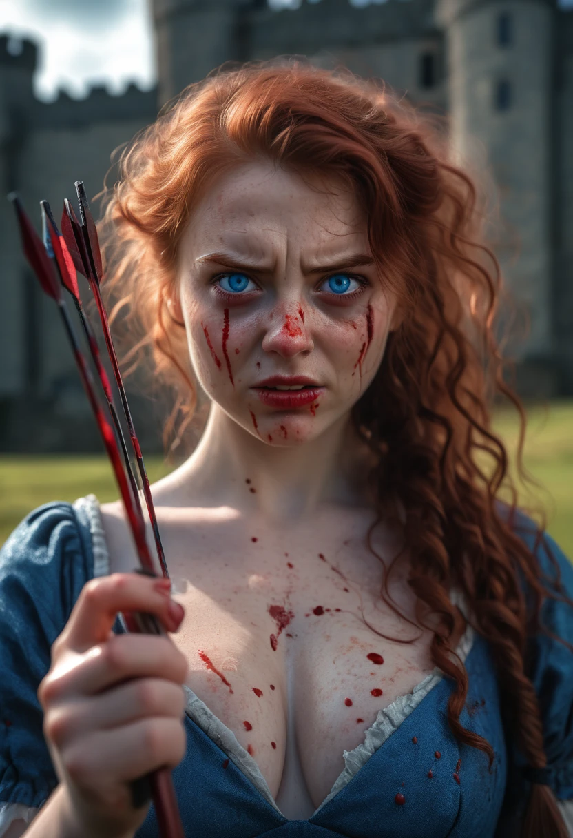 1girl, Solo, Breasts, Red Hair, Depth Of Field, Backlighting, Masterpiece, Best Quality, High Resolution, Award Winning, High Details, High Quality, Super Detailed, Textured Skin, UHD, Blush, Angry, Serious, Furrowed Brow, Red Lips, Evil Smile, Ringed Eyes, Evil, Eye Reflection, Blue Eyes, Kubrick Stare, Canon, F/4.0, Ultra-Wide Angle, Bokeh, Cinematic Lighting, God Rays, 8K Octane, Cinematic, Cinematography, Hyperdetailed, Photorealistic, Portrait Photography, Looking at viewer, holding a quiver full of arrows, blood spatter on cheeks, scottish castle background, bloody hands, runny mascara, torn blue dress, Long Hair, Ringlets, Big Hair, 