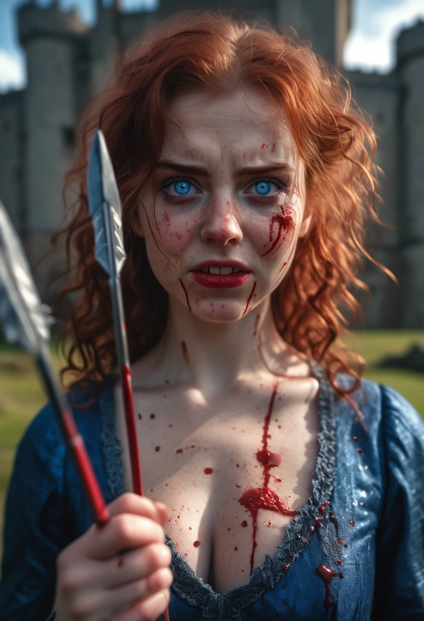 1girl, Solo, Breasts, Red Hair, Depth Of Field, Backlighting, Masterpiece, Best Quality, High Resolution, Award Winning, High Details, High Quality, Super Detailed, Textured Skin, UHD, Blush, Angry, Serious, Furrowed Brow, Red Lips, Evil Smile, Ringed Eyes, Evil, Eye Reflection, Blue Eyes, Kubrick Stare, Canon, F/4.0, Ultra-Wide Angle, Bokeh, Cinematic Lighting, God Rays, 8K Octane, Cinematic, Cinematography, Hyperdetailed, Photorealistic, Portrait Photography, Looking at viewer, holding a quiver full of arrows, blood spatter on cheeks, scottish castle background, bloody hands, runny mascara, torn blue dress, Long Hair, Ringlets, Big Hair, 