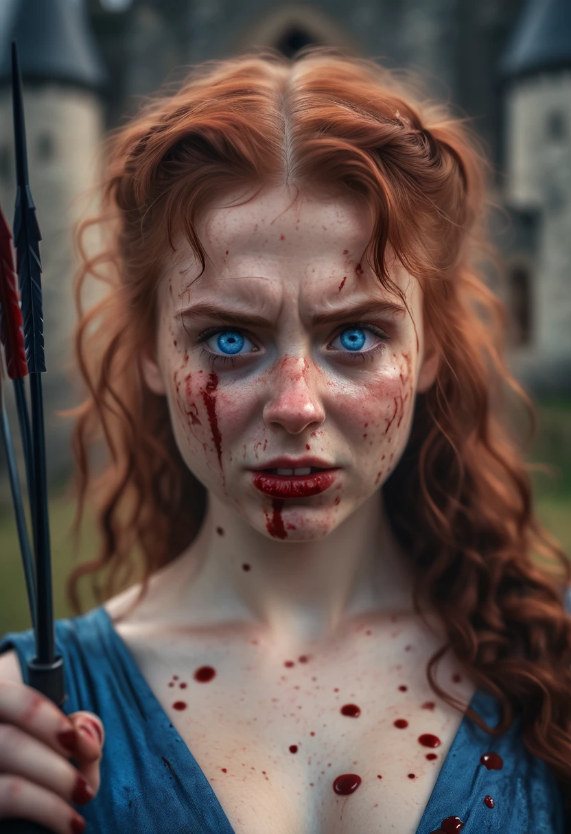 1girl, Solo, Breasts, Red Hair, Depth Of Field, Backlighting, Masterpiece, Best Quality, High Resolution, Award Winning, High Details, High Quality, Super Detailed, Textured Skin, UHD, Blush, Angry, Serious, Furrowed Brow, Red Lips, Evil Smile, Ringed Eyes, Evil, Eye Reflection, Blue Eyes, Kubrick Stare, Canon, F/4.0, Ultra-Wide Angle, Bokeh, Cinematic Lighting, God Rays, 8K Octane, Cinematic, Cinematography, Hyperdetailed, Photorealistic, Portrait Photography, Looking at viewer, holding a quiver full of arrows, blood spatter on cheeks, scottish castle background, bloody hands, runny mascara, torn blue dress, Long Hair, Ringlets, Big Hair, 