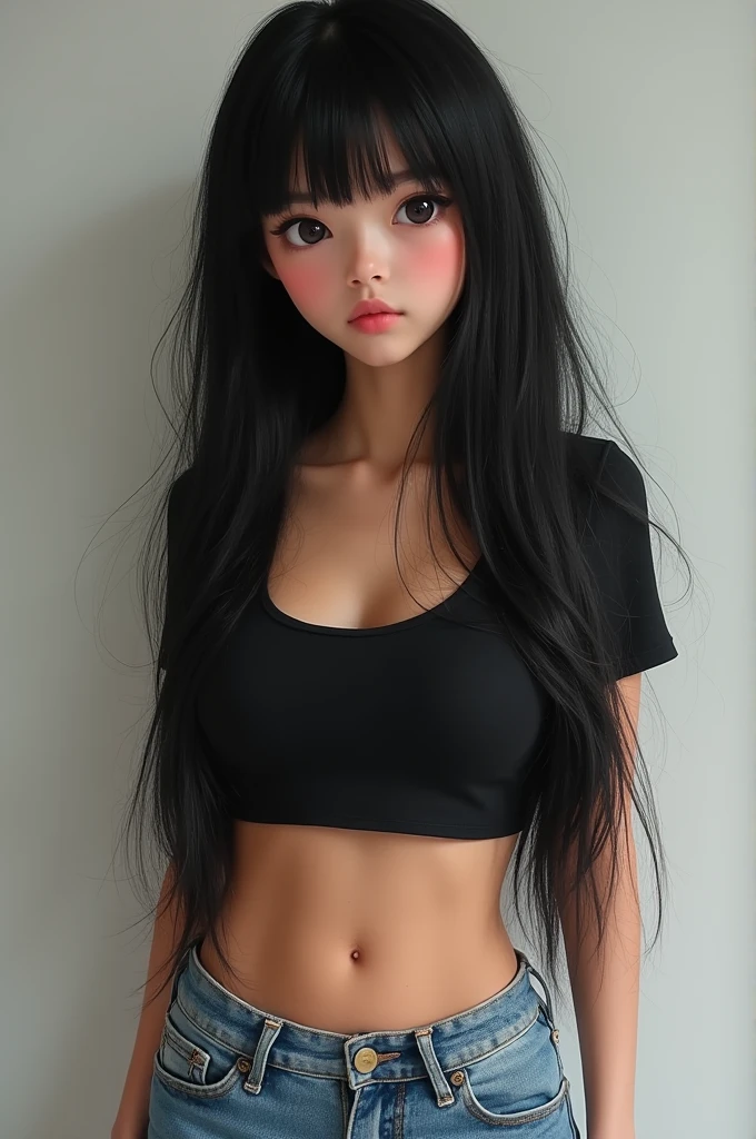 ((Highest quality)), (detailed), Perfect Face, Long black hair, Put your hands behind your back, Frightened face, Perfect body, Swimwear, Black leggings, On my knees, Spread your legs, Front view,