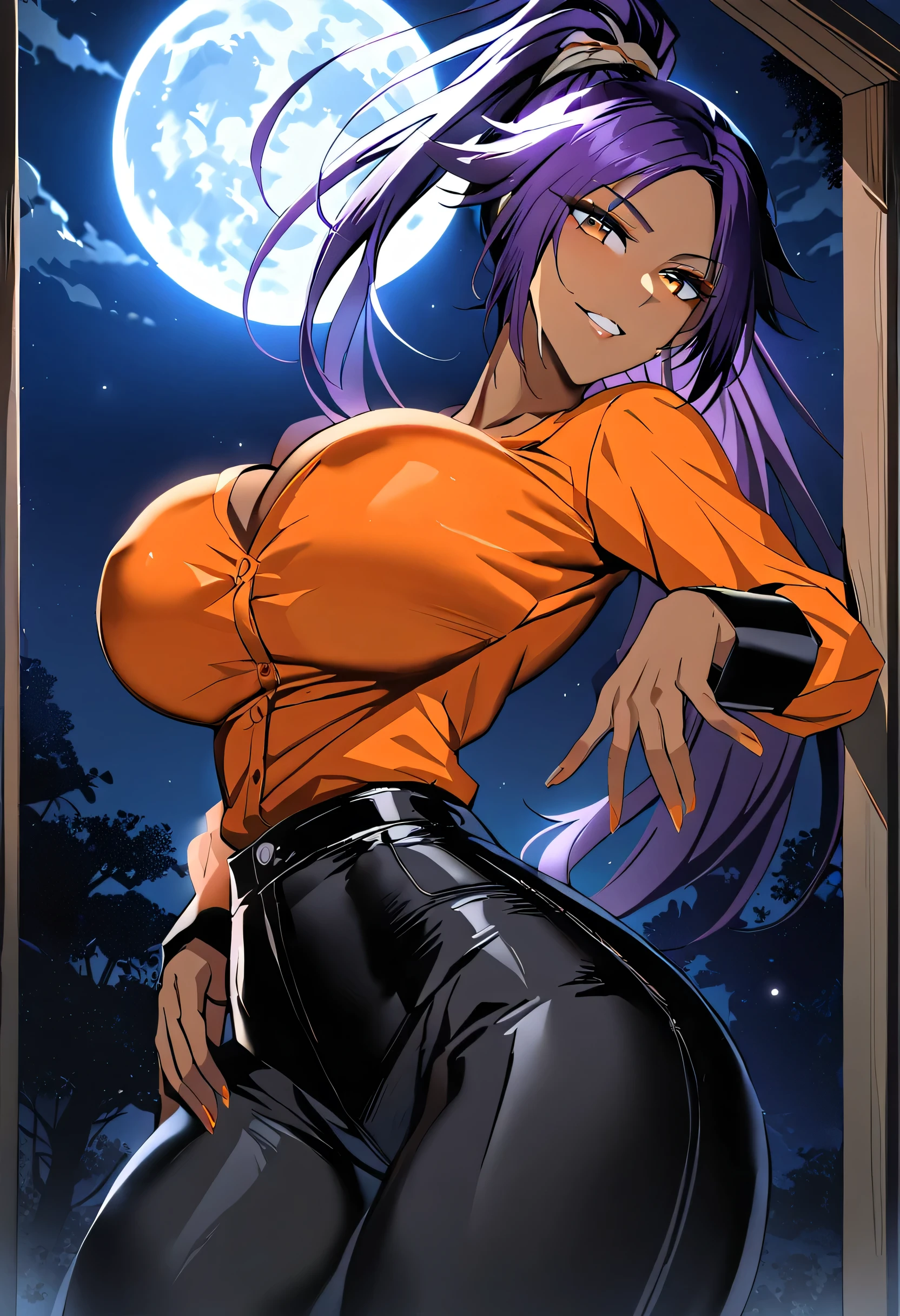 Yoruichi, outdoors, parted lips, full moon, yellow eyes, smile, night sky, long sleeves, long hair, purple hair, ponytail, dark-skinned female, parted bangs, dark skin, pants, 1girl, thighs, large breasts, orange shirt, looking at viewer,hand on hip
,best quality, masterpiece,