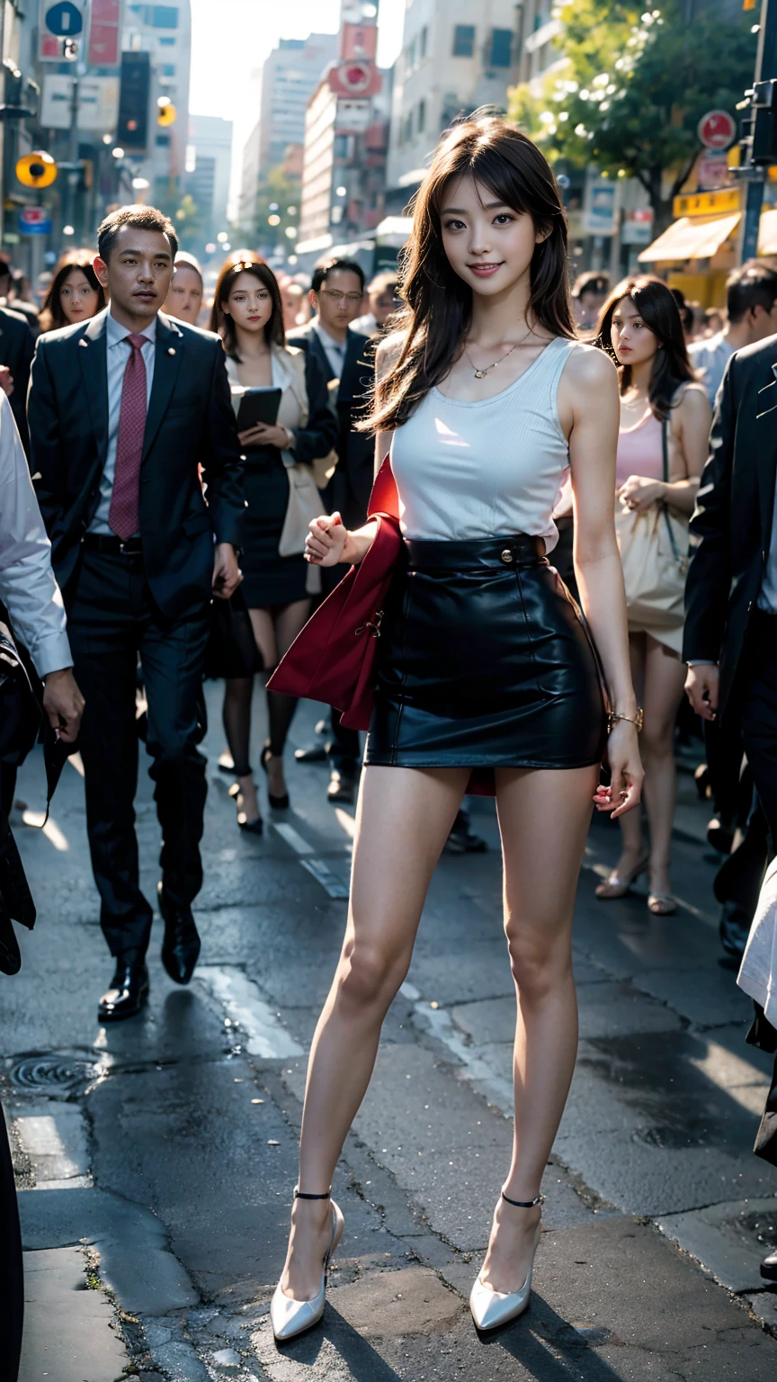 ((Biologically correct number of limbs))、((Hands on the back))、((full body shot, Full body photo including face、head to toe photo))、((standing position))、[NSFW]、4K、masterpiece、((focus on the face))、((Symmetrical facial features))、Eyes of minute description、Beautiful woman、outstanding style、beautiful legs、slender body、(small ass、thin thighs）、(Uniform top and bottom set、gloveedium long skirt)、(high heels）、(patterned black stockings)、Detailed depiction of faces、small earrings、necklace、Low - Angle、Holiday morning scenery、