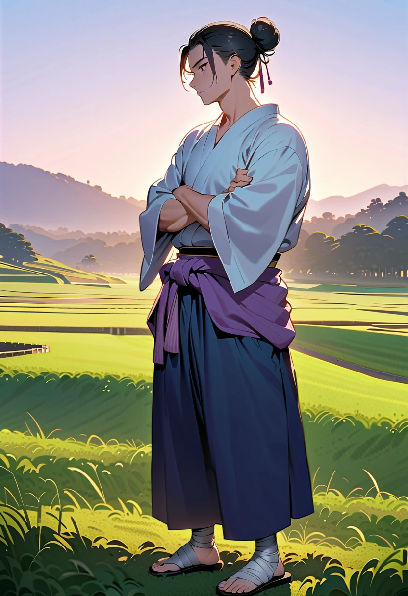 masterpiece, best quality, perfect lighting, high resolution, 1 guy, samurai, muscular, slim build, black hair, (manbun samurai hairstyle), spiky dual bangs, black eyes, calm demeanor, handsome, (white baggy long-sleeve kimono top), long faded-blue cloth wrapped around waist, (thick light-purple rope wrapped around waist), mildly baggy navy-blue pants, (black bandages wrapped over ankles), black sandals, sheathed katana on waist, arms crossed, full body view, three-quarter view, pasture background, (detailed background)