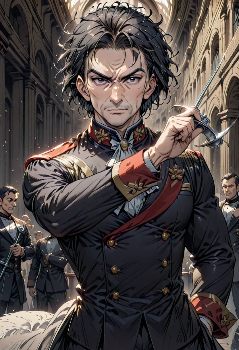 1man, tall man, lean man, black hair, short hair, rapier, russian nose, messy hair conductor's outfit, nice pose, epic, higher details