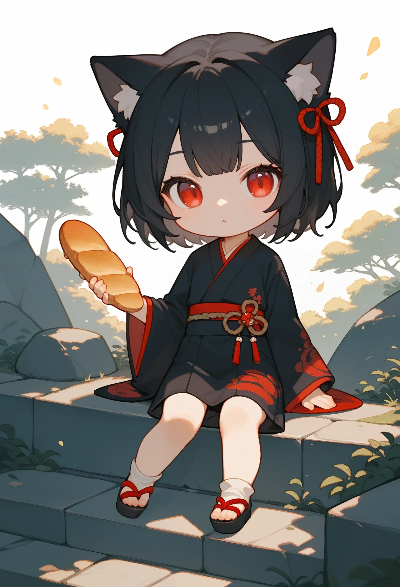 score_9, score_8_up, score_7_up, score_6_up, score_5_up, score_4_up, source_anime, (anime), chibi style, 2D artwork, 1black cat, black hair, red eyes, cat eyes, red ribbon, kimono, (holding a baguette), sitting on stone steps, stone lamp, simple background, simplification 