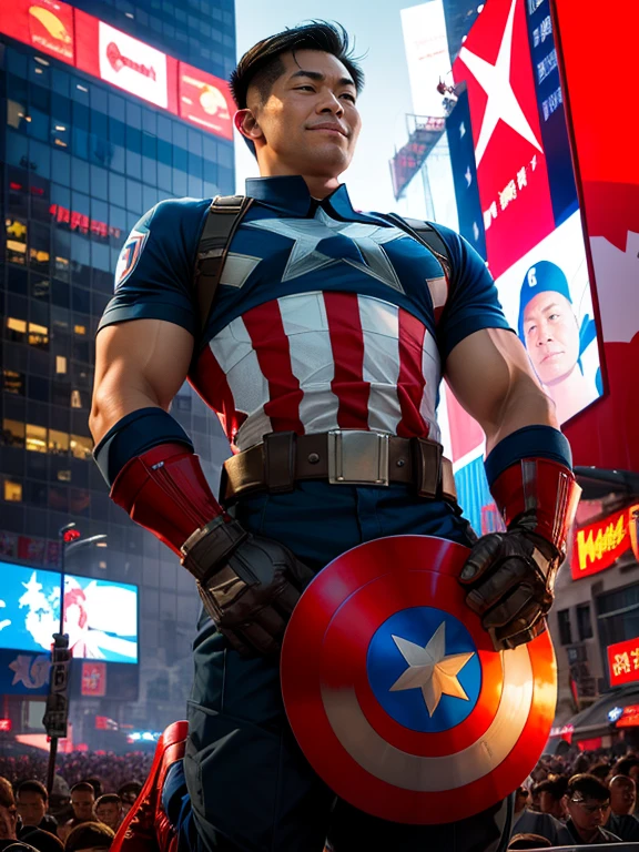 2men, 1CaptainAmerica, ***ungMaoTseTung, Captain American kneeling with an expression of defeat on his face looking up at a smiling victorious young Mao Tse Tung in Times Square with Chinese flags and people watching happily