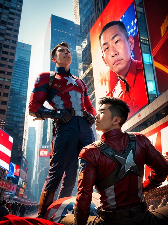 2men, 1CaptainAmerica, ***ungMaoTseTung, Captain American kneeling with an expression of defeat on his face looking up at a smiling victorious young Mao Tse Tung in Times Square with Chinese flags and people watching happily