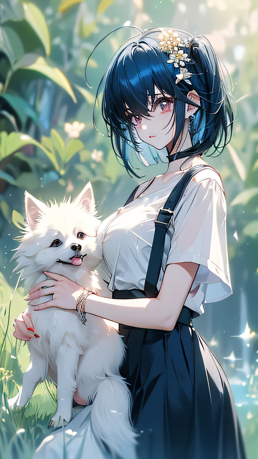 2 Beautiful Girls Blue Haired Short Hair Loose Bob White T Shirt Overalls Flower Hair Ornaments Blonde Long Hair Black Skirt White Shirt Pomeranian Puppy Petting Puppy Green Park