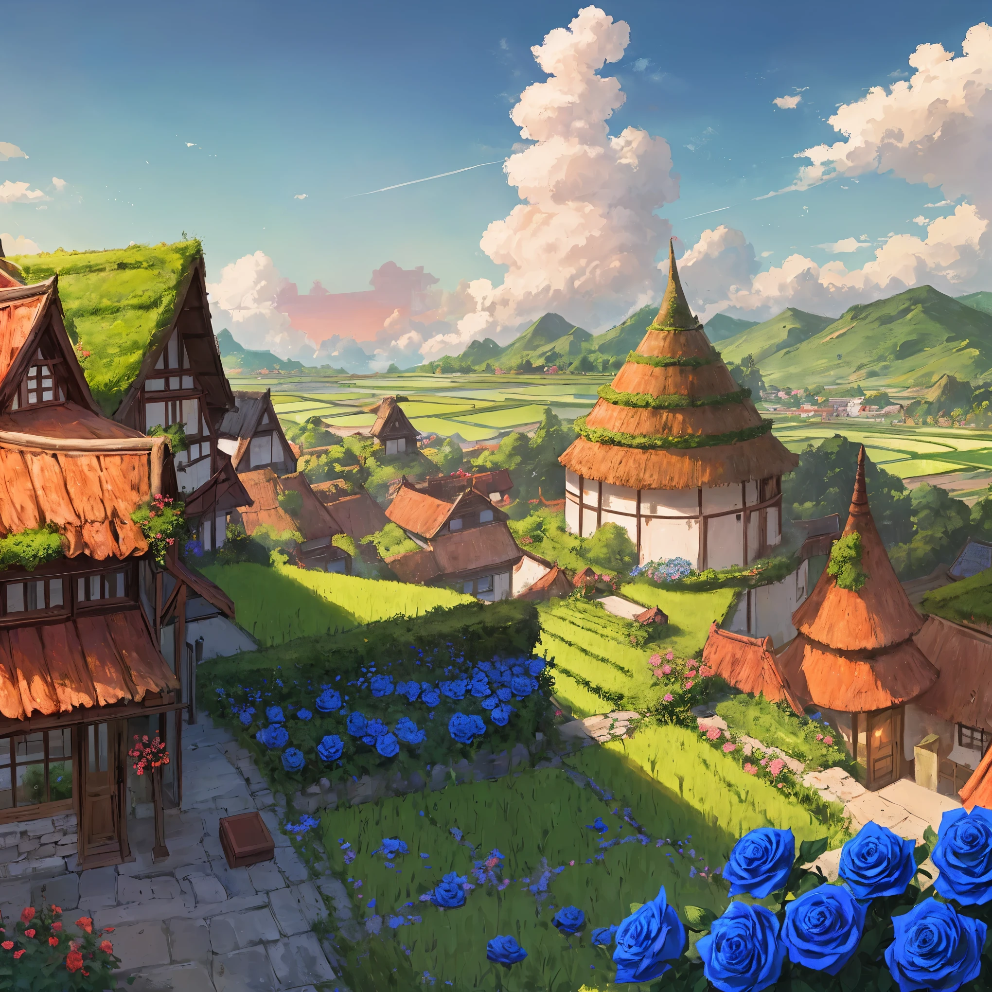 Masterpiece, high quality, a beautiful picture depicts a fairy tale world about green, rose hut, fairyland, terraced fields around the house, blue rose flowers, green rice fields, red sky, grey clouds, Hayao Miyazaki, perfect sy symmetrical composition, stone bricks floor