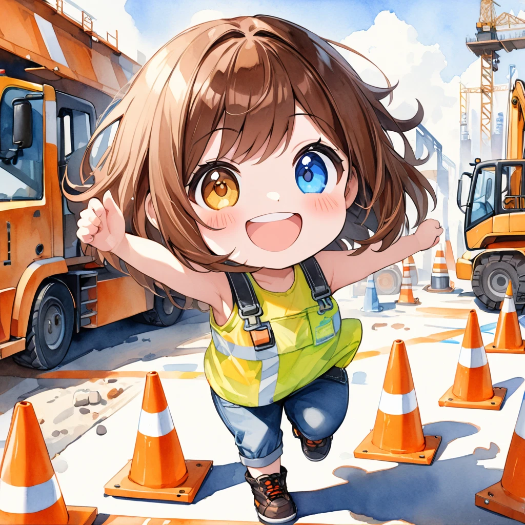 1girl, chibi, fair skin, brown hair, bob, big droopy eyes, heterochromia,
standing, hug a big traffic cone, construction site,
dancing, cheerful grin,
watercolor, (masterpiece, best quality, hyper detailed:1.2),