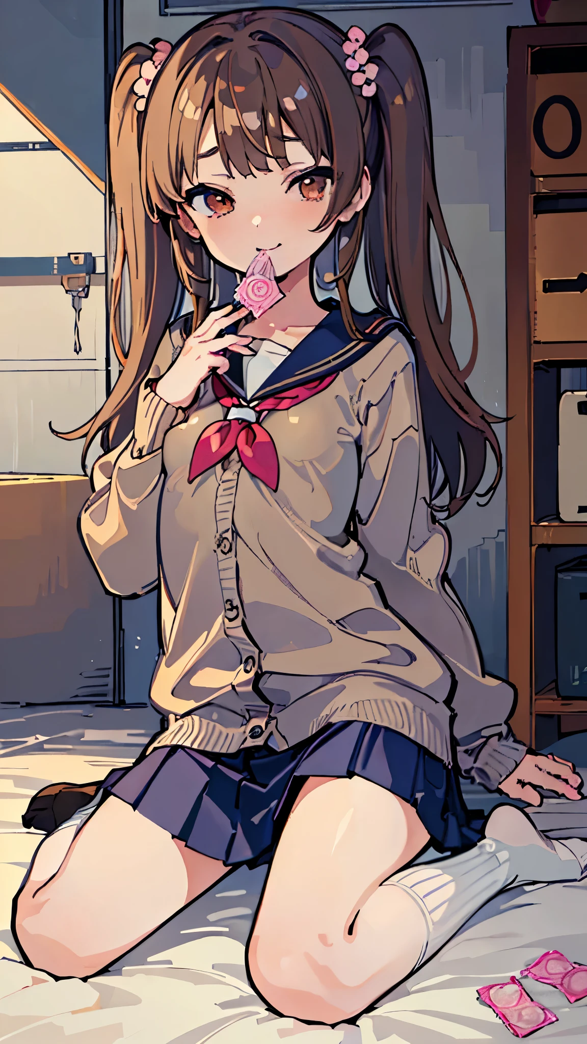 ((masterpiece、Best Quality、 very detailed))、 1 girl、Brown Hair、 long hair、 two side up、 Brown Eyes 、evil smile、(( smaller breasts))、(( sailor suit))、((light brown cardigan))、(( navy blue pleated skirt))、((micro miniskirt))、white socks、wariza、((Sit flat))、((holding condom in mouthr))、((used condom))、Gym storeroom