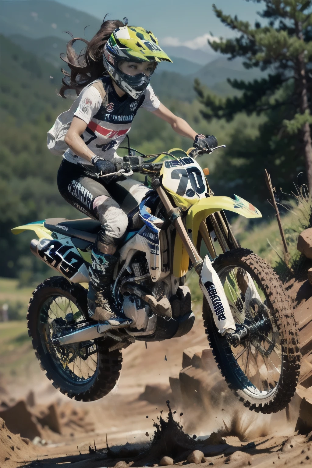 Yamaha WR250, The Racer Girl, best quality, Ultra Wide Angle, Brown Skin, brown skin that supports each other,Full of mud, wearing motocross boots, Motocross Championship , muddy , abs,Jump over a hill 