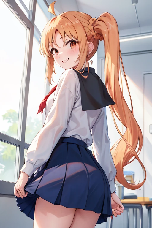 masterpiece, Best Quality,  Hi-Res,  anime style,   side ponytail, Long Hair, Ahoge,  white shirt,  school uniform,  blue mini skirt,  long sleeve,  red ribbon,  holding white socks ,( skirt lift :1.3、 panchira ), Backwards、look back、 cowboy shot, indoor,  there are students around the school classroom , smile