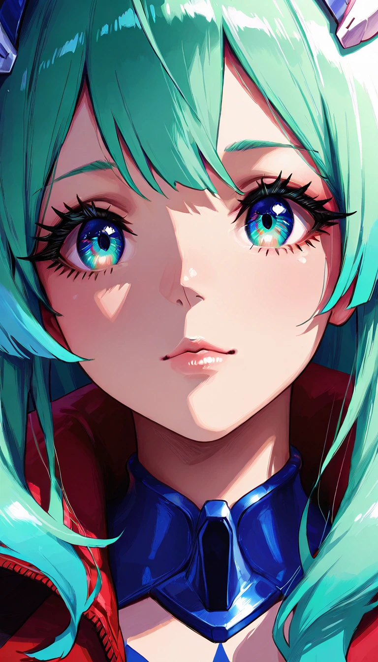 cute anime girl with teal green hair in red jacket closeup, beautiful detailed eyes, beautiful detailed lips, extremely detailed eyes and face, long eyelashes, beautiful anime style, masterpiece, highly detailed, hyper realistic, 8k, cinematic lighting, vivid colors, digital painting, macro shot, portrait of anime space cadet girl, macross delta splash art, ayaka genshin impact