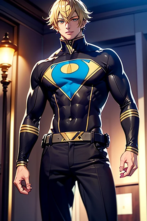 (  High-definition CG), (Best Quality),     a superhero and has a beautiful body,   hero costume , Handsome and cool young man   ,       Slim and Muscular      , My skin is brown  ,  blonde, Frivolous,   sensual vibe  ,