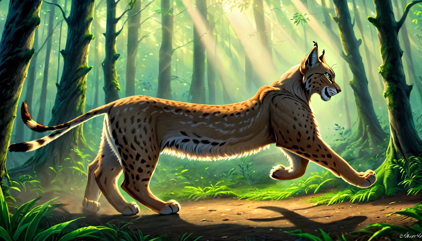 ((  Best quality )), ((masterpiece)), (DETAILED),
Picture in drawing about a lynx , The dancing lynx lives in the forest of mystery
With its very light legs, it has endless fun
Its pointed ears and elegant gait
Always smile while watching him jump
