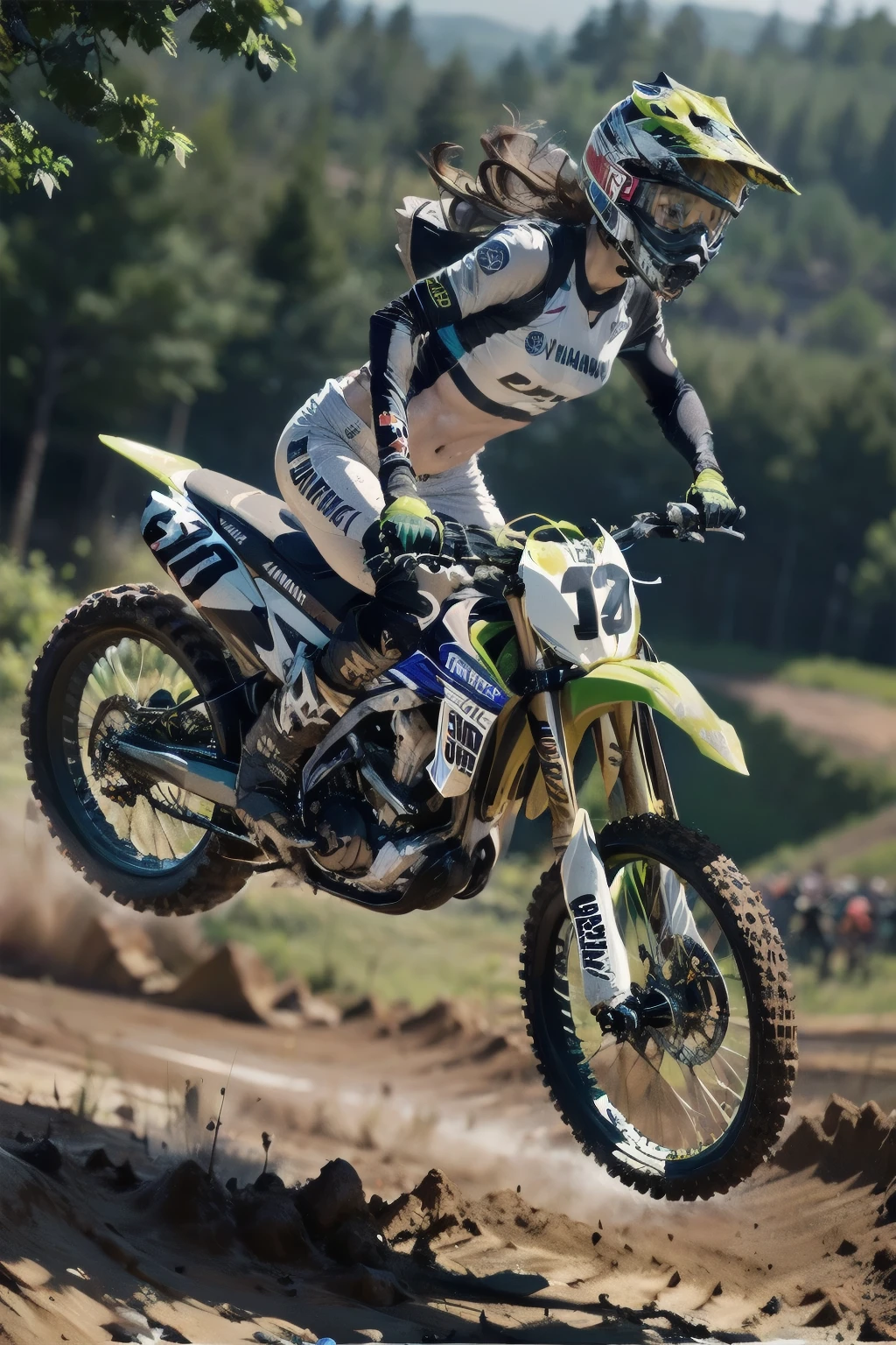 Yamaha WR250, The Racer Girl, best quality, Ultra Wide Angle, Brown Skin , brown skin that supports each other , Full of mud, wearing motocross boots, Motocross Championship , muddy , abs,Jump over a hill