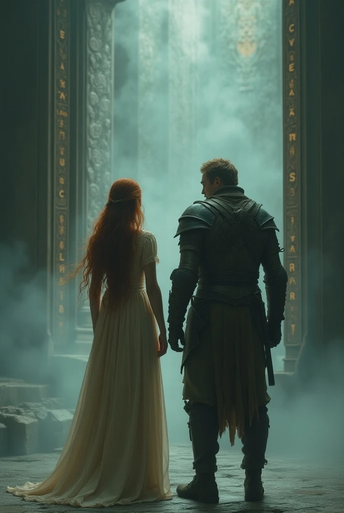 A fantasy mesmerizing portrait of a couple: a ravishing woman with cascading, fiery red locks, and ruby-red eyes, donning a majestic black doublet adorned with intricate, scarlet embroidery, and a regal man with long raven-black hair that falls like a dark cascade, and piercing black eyes that seem to bore into the soul, resplendent in an imperial doublet with gold accents, walking together through the grand, ornate gates of the palace, her injured arms and back eerily illuminated by the soft, flickering torches above, as the torrential rain pours down around them, casting a somber, mystical ambiance, with shades of crimson, gold, and midnight blue, evoking a sense of eerie, cinematic mystery, amidst the dark, wet, and mystical atmosphere of the foreboding night 