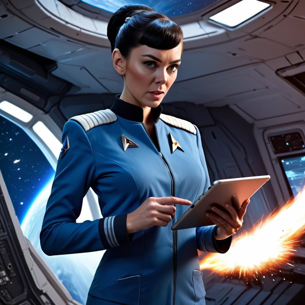 vulcan woman wearing blue starfleet uniform exploding clothes, torn clothes, convenient censoring
holding a tablet,space ship interior background
