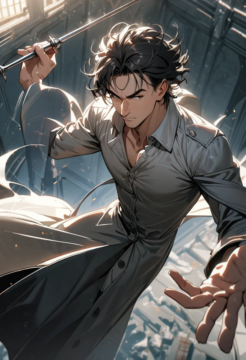 1man, tall man, young man, black hair, short hair, rapier, russian nose, messy hair, open maestro's coat, button up shirt, nice pose, epic, higher details, nice perspective