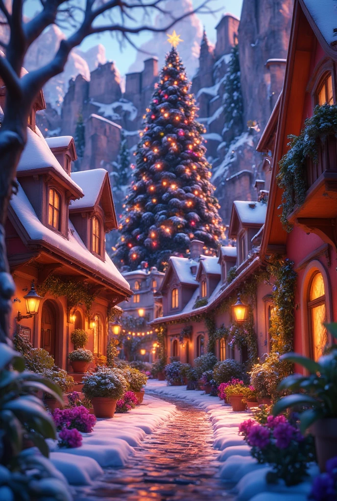 The image shows a small village covered in snow, surrounded by snow ...