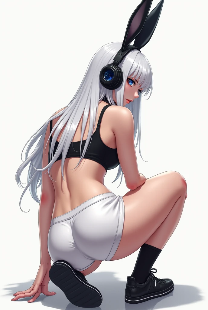A Japanese woman with gray-ash hair wearing headphones and a super mini skirt、I can see your butt, Light-colored clothing