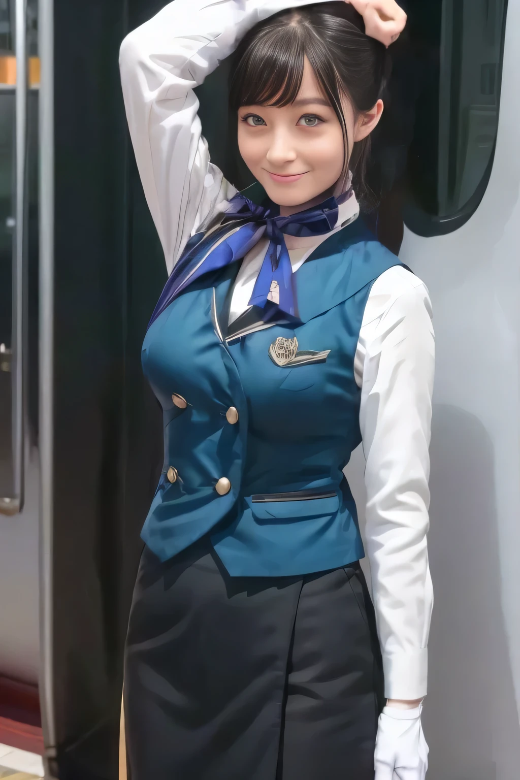 (masterpiece:1.2, Best Quality:1.2), 32kHDR,  kampala, (Alone、  1 girl)、（What is 、 Professional Lighting）、In-flight background、（Nankai Train crew uniformを着たリアルなスタイル）、（（  Nankai Train Crew Uniform Collarless Blouse Long Sleeve 、Black Curly Culotte Skirt 、Scarf around the neck））、 Dark brown hair 、（ Long Hair、Hair tied up、Hair tied up）、 Dark brown hair 、 Long Hit 、Big Breasts、Thin legs、（（Great hands：2.0）），（（  harmonious body proportions ：1.5）），（（Normal limbs：2.0）），（（Usually refers to：2.0）），（（ DELICATE EYES FULL OF DECISION：2.0）），（（Normal eyes：2.0））)、smile、（Nankai Train crew uniformを着た美しい姿）、Hands clasped underneath