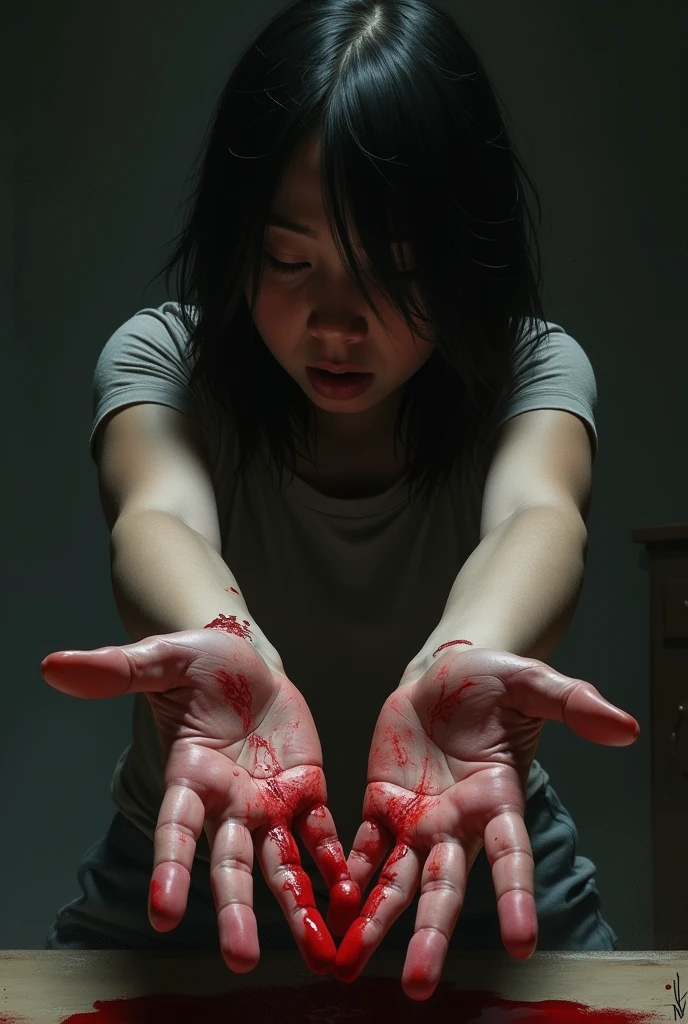 A high-definition, photorealistic image of a woman from the waist up, holding her hand up to the camera with a red "X" marked on her palm. Her face is filled with fear and pain, with bruised eyes and black makeup smeared across her cheeks from crying. The dark background and dramatic lighting emphasize her intense emotional state and determination to stand against violence.