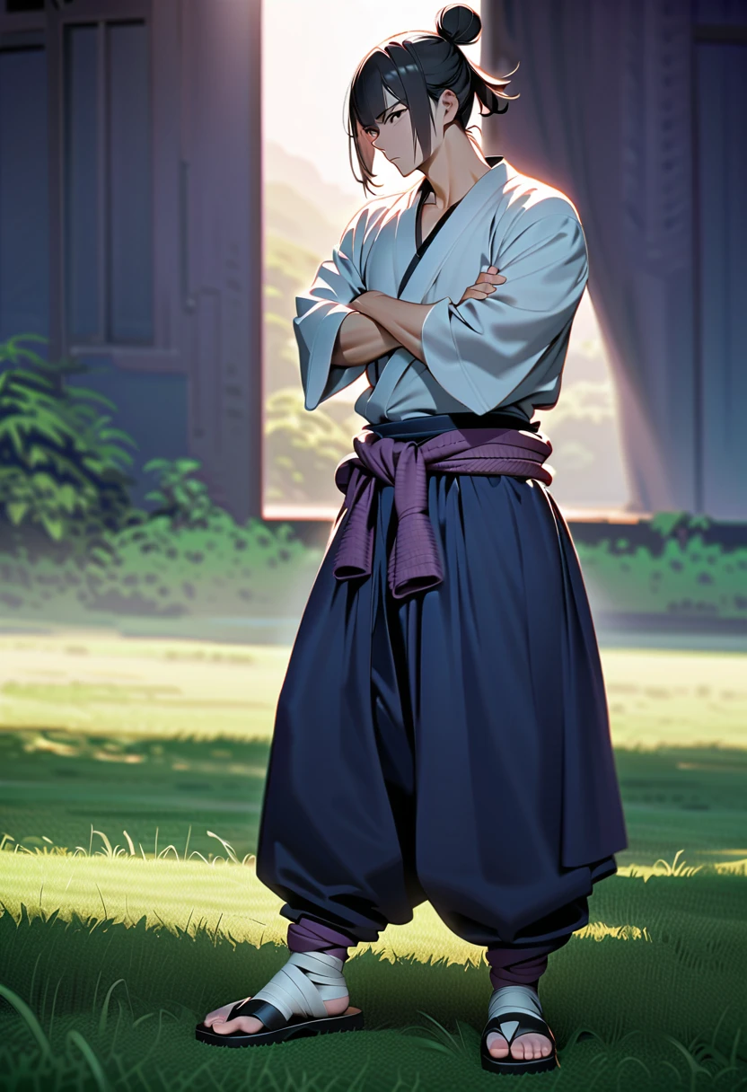 masterpiece, best quality, perfect lighting, high resolution, 1 guy, samurai, muscular, slim build, black hair, (manbun samurai hairstyle), spiky dual bangs, black eyes, calm demeanor, handsome, (masculine face), (white baggy long-sleeve kimono top), long faded-blue cloth wrapped around waist, (thick light-purple rope wrapped around waist), mildly baggy navy-blue pants, (black bandages wrapped over ankles), black sandals, sheathed katana on waist, arms crossed, full body view, three-quarter view, pasture background, (detailed background)