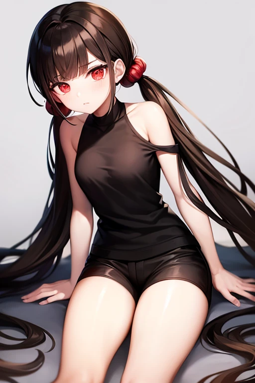 1 girl, pale skin, gray shoulder shirt with black stripe, with black panties, black socks, devil tail, black hair with long bangs, straight black horns, big , with red eyes and big lashes,