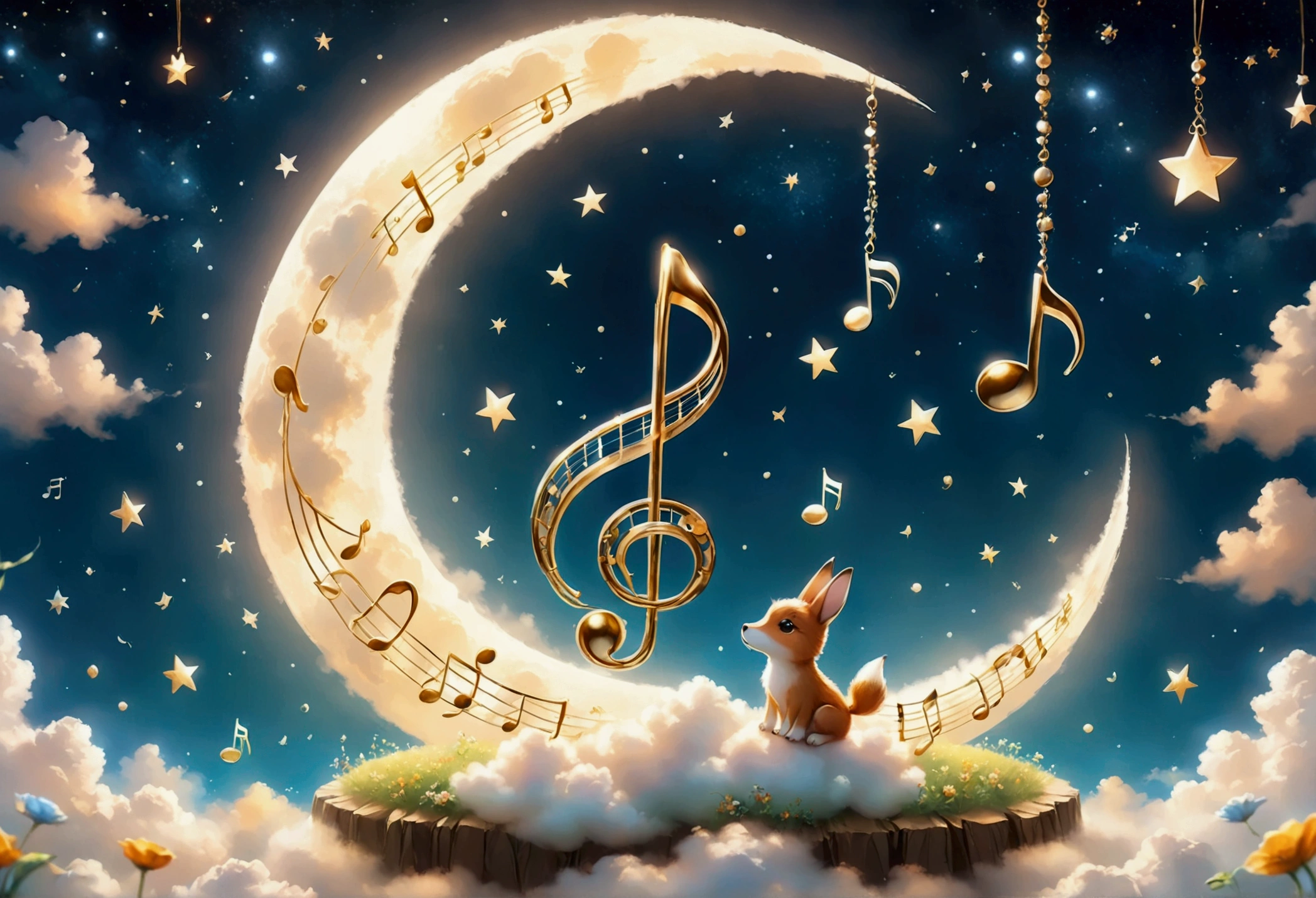 A cute musical note sitting on a cloud. The musical note is surrounded by the Moon and stars. Soft, warm ambient glow.