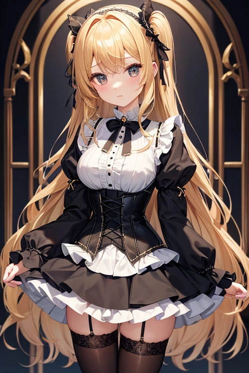 (((gothic))),  A young woman standing in elaborate decorations  、 A fascinating scene , she was adorned with hair accessories、she is medium length,  wavy golden hair..。.。Super mini skirt with frills, sheの表情は自然だ, calm look. she wore a frilly-sleeved miniskirt and a tight corset....、she&#39;  in a gorgeous off-the-shoulder white dress  。,  is whimsical and creates a romantic vibe  . sheのポーズはリラックスしている, Back posture 、she is lifting her skirt with both hands。  white panties 。  camel toe  、 そしてsheは&#39;Turn slightly to the side, Back posture 、  exudes a sense of contemplation and contemplation  . The background is vivid, Blooming flowers and intricate designs,  creates a whimsical and romantic atmosphere  . 背後から差し込む自然光がsheの周りに柔らかな輝きを放つ...., The delicate details of the costume、Enhance the vibrant colors of the landscape.  wears delicate shoes  ...., Taking the audience into a dream world.  A woman standing in a courtyard wearing a dress and boots , (((watercolor))), The beautiful animated art anime  , The beautiful animated art anime  work, Kschat Krentz Key Art Feminine, Gway's , Anime Art Nouveau, Detailed Key Anime Art, Anime full body illustration , barrel , pixiv digital art ,  Beautiful fantasy anime 