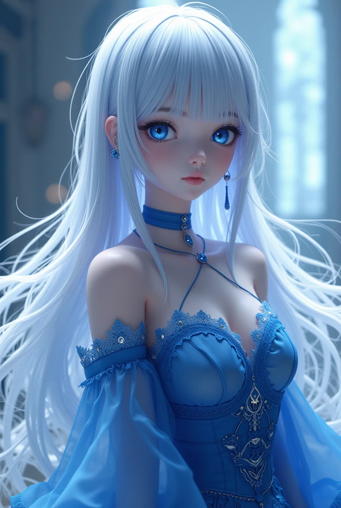 -yeld giSilver long hair，Blue Eyes，Long eyelashes，Unbelievably huge breasts，((3D anime style))，White dress with a lot of exposure，