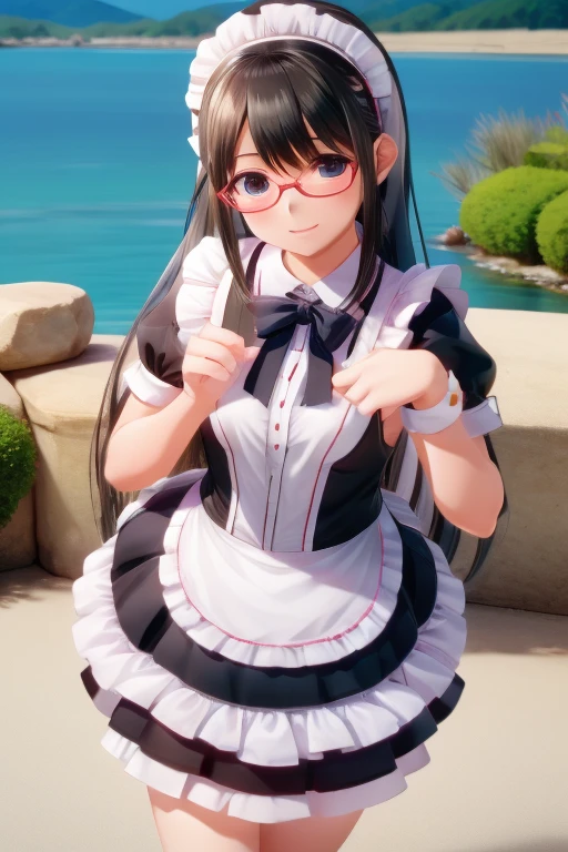   1 girl, Black Hair , Long Hair,Glasses,    maid clothes,Lake Yamagami  ,湖畔の別荘,  flower bed care,  high resolution down   , 最高quality, Accurate, 高quality, quality,    very detailed,
