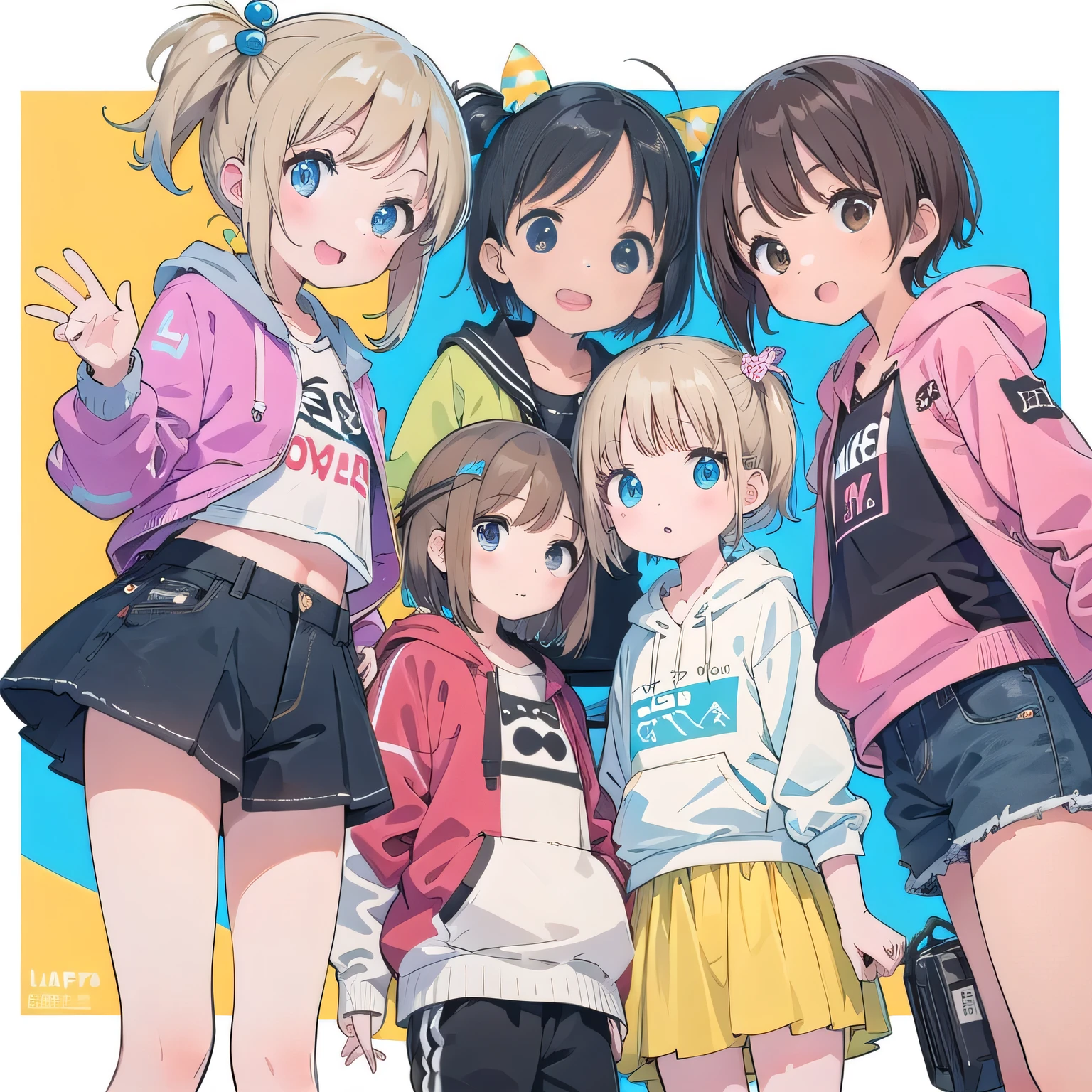 、 cute girl、 HOODIE、A happy smile、 Beautiful background , Four Girls、Naked under a HOODIE、low angle camera 、、Colourful hero outfits
