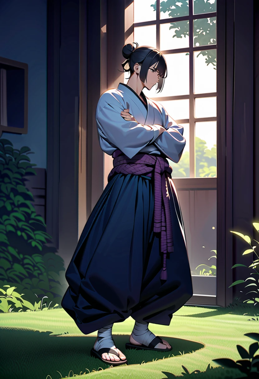 masterpiece, best quality, perfect lighting, high resolution, 1 guy, samurai, muscular, tall, slim build, black hair, (manbun samurai hairstyle), spiky dual bangs, black eyes, calm demeanor, handsome, (masculine face), (white baggy long-sleeve kimono top), long faded-blue cloth wrapped around waist, (thick light-purple rope wrapped around waist), mildly baggy navy-blue pants, (black bandages wrapped over ankles), black sandals, sheathed katana on waist, arms crossed, full body view, three-quarter view, pasture background, (detailed background)