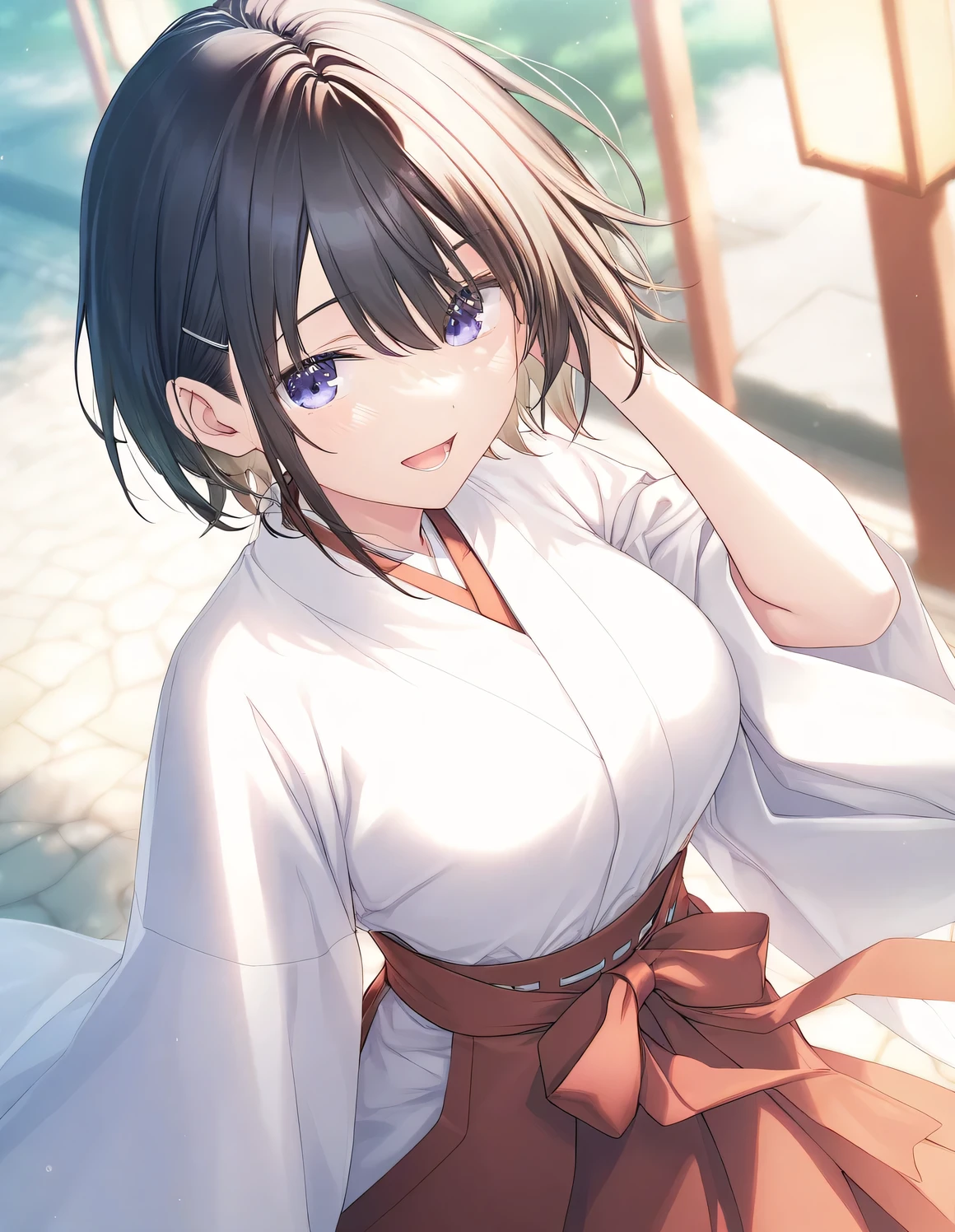 1girl, little female, short hair, beautiful breasts, open mouth, miko, outdoors,wind, game CG break,((artist:kimishima_ao)),(artist:mitsumi_misato),(artist:fujiyama),(masterpiece), (best quality), (ultra-detailed), very aesthetic, newest, beauty illustration,super detailed skin, (masterpiece), (best quality), (ultra-detailed), very aesthetic,newest ,hi res,absurd_res,2023,shaded,digital media (artwork), lighting, 4k, 8k,