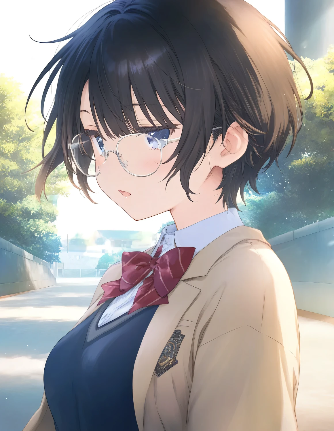 1girl, female, school uniform, short hair, beautiful breasts, glasses, jitome, open mouth, outdoors,wind, game CG break,((artist:shida_kazuhiro)),(artist:mitsumi_misato),(artist:fujiyama),,(masterpiece), (best quality), (ultra-detailed), very aesthetic, newest, beauty illustration,super detailed skin, (masterpiece), (best quality), (ultra-detailed), very aesthetic, ,hi res,absurd_res,2023,2024,shaded,digital media (artwork), realistic lighting, 4k, 8k,