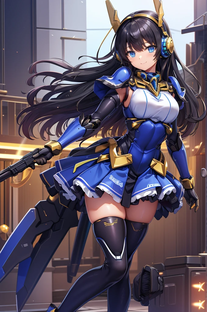 mecha wings、Blue Skirt、Accentuated thighs、chest、Black Hair、1 girl、solo girl、IS、Frame Arms Girl、Alice Gere Aegis、White Armor、Pink Line、income、headphone、hand on own chest、smile、Miike Naeko,One girl,alone,police,police ユニフォーム,police woman