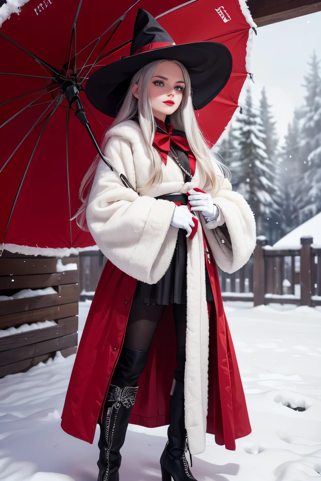 A 30-year-old witch with long gray hair, wearing a red and white hat , black boots , a red skirt and white socks , standing on a winter background , Hold a cart , gloves with a detailed face , beautiful and detailed blue eyes , beautiful and detailed red lips , and extremely detailed face , long eyelashes, ( best quality ,4K,8k, highres icon,masterpiece:1.2),ultradetailed,(realistic, photorealistic , photorealistic :1.37),HDR,Ultra HD, studio lighting ,ultra-fine painting,sharp focus, Her room , extremely detailed description ,professional, vivid colors ,bokeh effect,Fantasy,portrait, Snow floor , WHITE FUR COAT, holding a bag and a condom wand , neve