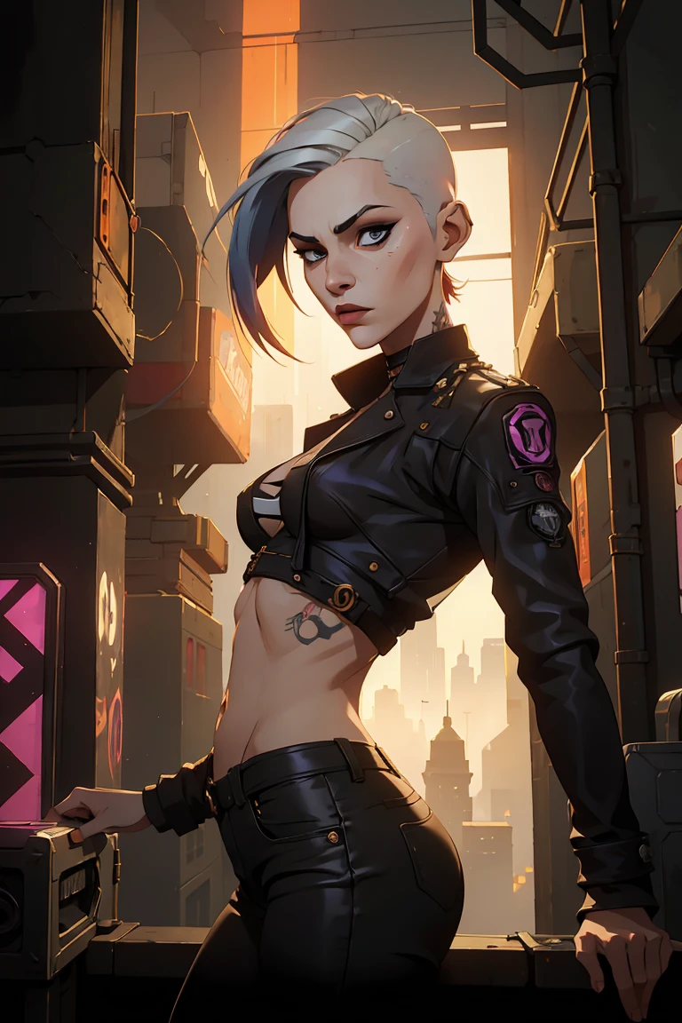 Tyreen ,white hair,blue eyes,two-tone hair, blue tattoo,scar on face,undercut,eyeshadow,eyebrow cut,makeup, upper body, smug, standing,
TyrCoat , fingerless gloves ,sleeveless, belt, spikes, boots, pants, collar, shirt, brown attire, cleavage, midriff, covered nipples, from below,
cyberpunk tv show,
(insanely detailed, beautiful detailed face, masterpiece, best quality)
<lora:TyreenCalypso-10v3:0.7>
