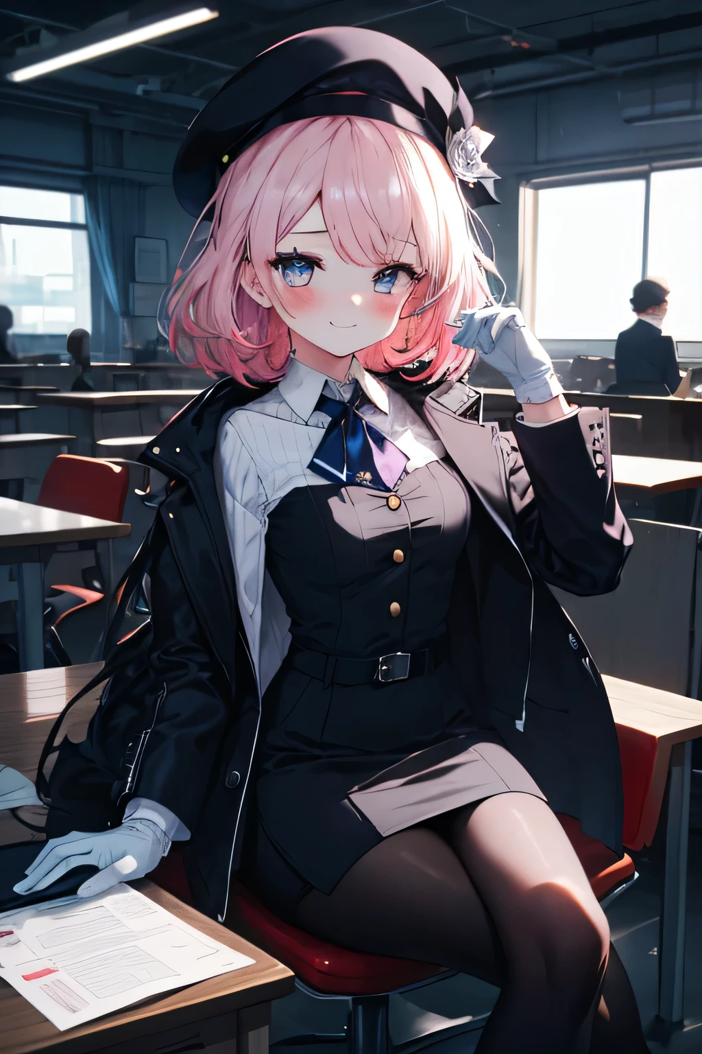 Girl smiling, sitting,  building background ,  building background (office), complete anatomy, graphic effects, first person, Black suit jacket, jacket with collar, White Dress Shirt,  White gloves ,  black pantyhose ,  collared shirt , neckline, button, correa, white beret, letter(BY Elandir),  pink flower,  Identification card on the neck , black pencil skirt, blush,  looking at the spectator, Charm,  mechanical,on your computer, sitting on a chair, interior,Pausa de toque ciego  looking at the spectator