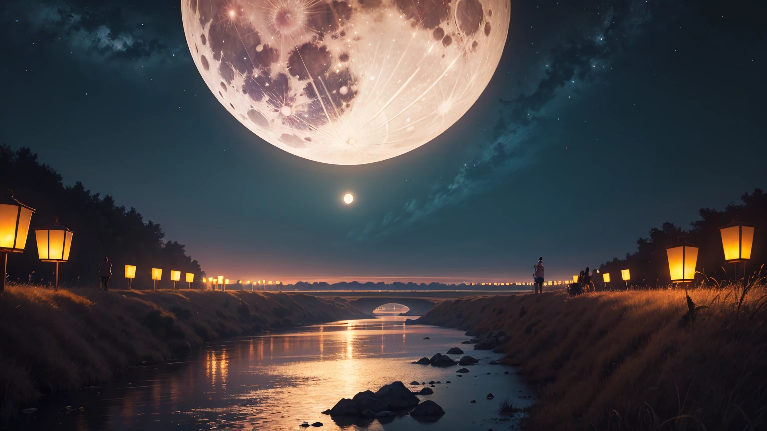 many Floating Lanterns,river,Scenery of a vast prairie with a view of the horizon,Travellers Seen in the Distance, Late Night,full moon,very wide shot:1.1,distant view:1.5,quality,Ultra detailed, best quality, insanely detailed, beautiful, masterpiece