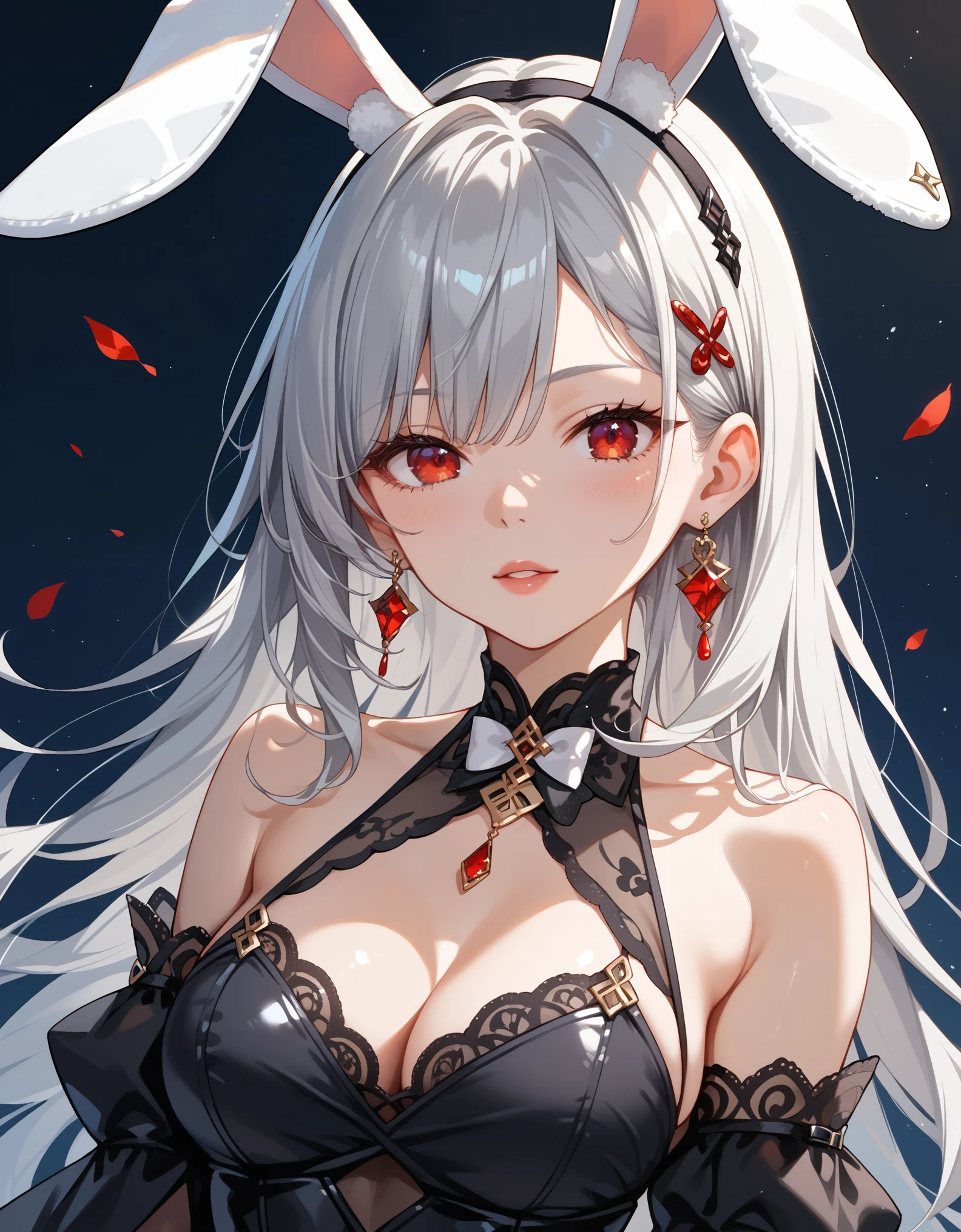 score_9, score_8_up, score_7_up, source_anime, solo, 1girl, silver hair, rabbit ears, red eyes, black dress